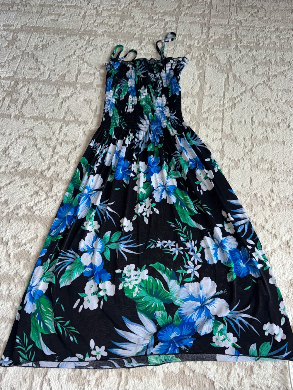 Smocked Floral Maxi Dress - Black with Blue & Green Floral